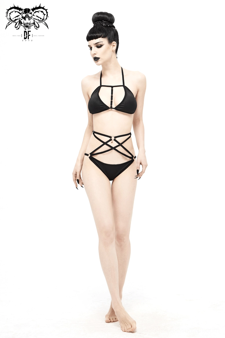 Black pentagram harness bikini set product showcase with occult-inspired geometric strap design