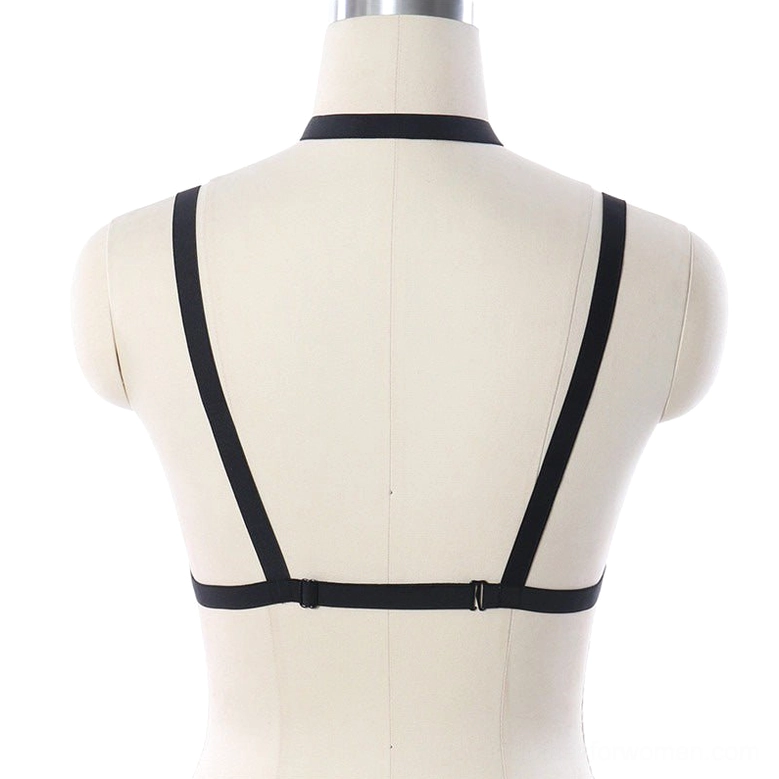 Black pentagram elastic body harness back view - adjustable metal buckles and back strap configuration, demonstrating the minimalist back structure and hardware closure system for gothic chest harness