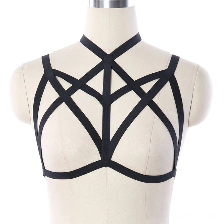 Black pentagram elastic body harness front view - gothic bondage halter neck with hollow pentagram cutout design, halter-style configuration showing chest strap placement and mystical pentagram pattern