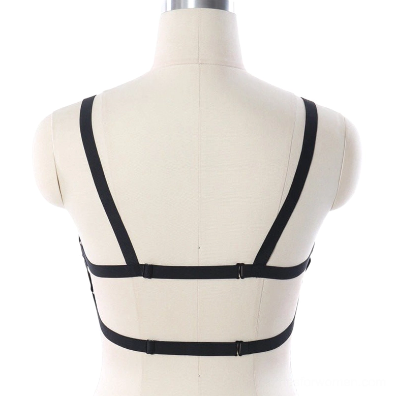 Black pentagram chest harness back view - adjustable elastic straps with metal buckles and rivets