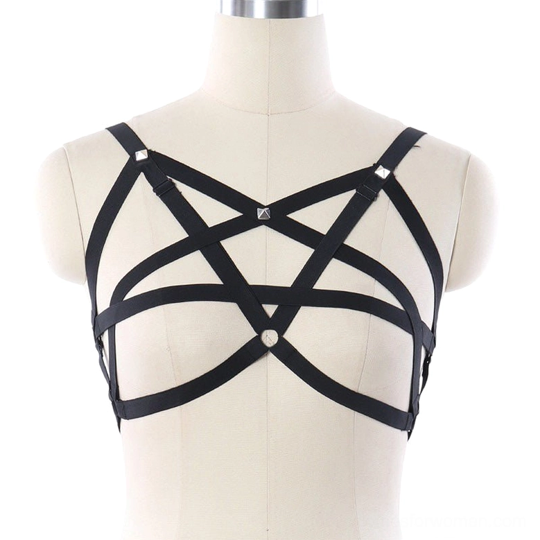 Black pentagram chest harness front view - gothic body harness with metal hardware and crisscross strap design
