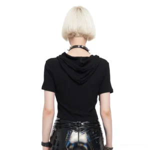 Black pentagram hooded crop top back view on goth female model, solid back design, studio setting