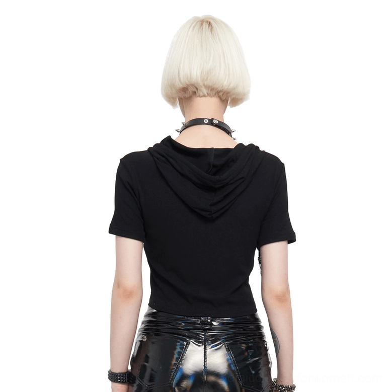 Black pentagram hooded crop top back view on goth female model, solid back design, studio setting