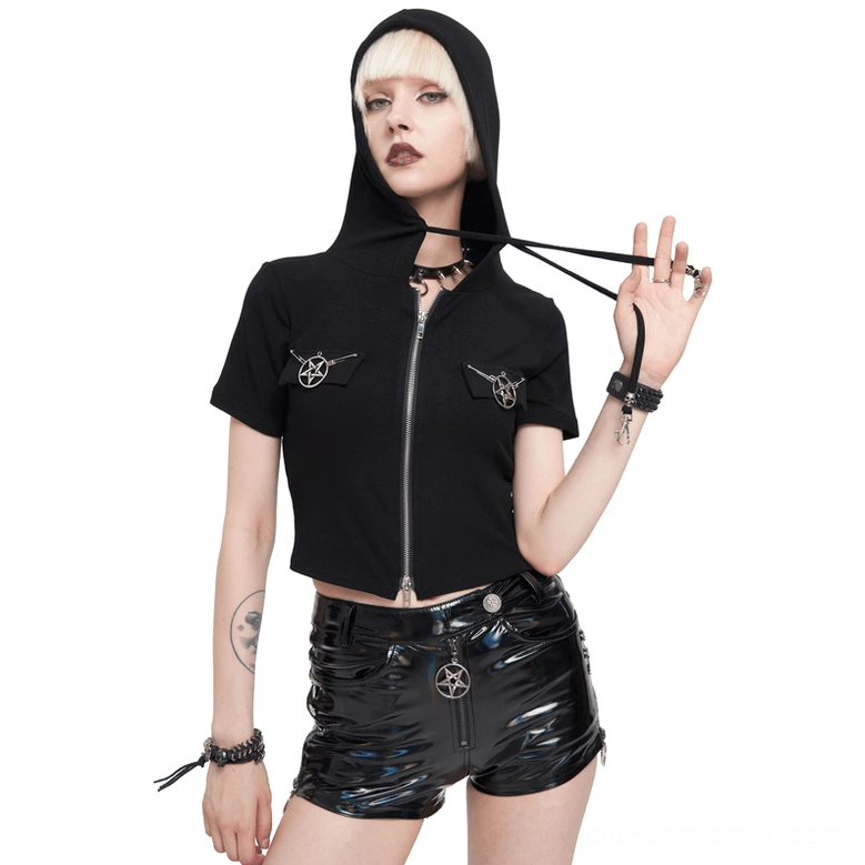 Black pentagram zip hooded crop top front three-quarter view on platinum blonde goth model, white studio background