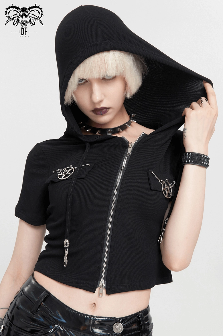 Black pentagram zip hooded crop top front close-up detail shot showing zipper closure and pentagram embellishments