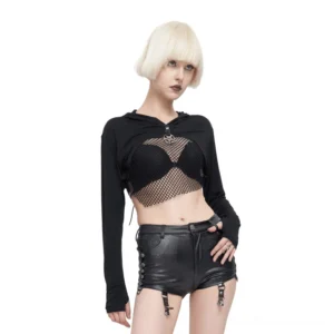 Front view of black gothic crop top with fishnet chest panel and pentagram zipper, worn by blonde model on white background