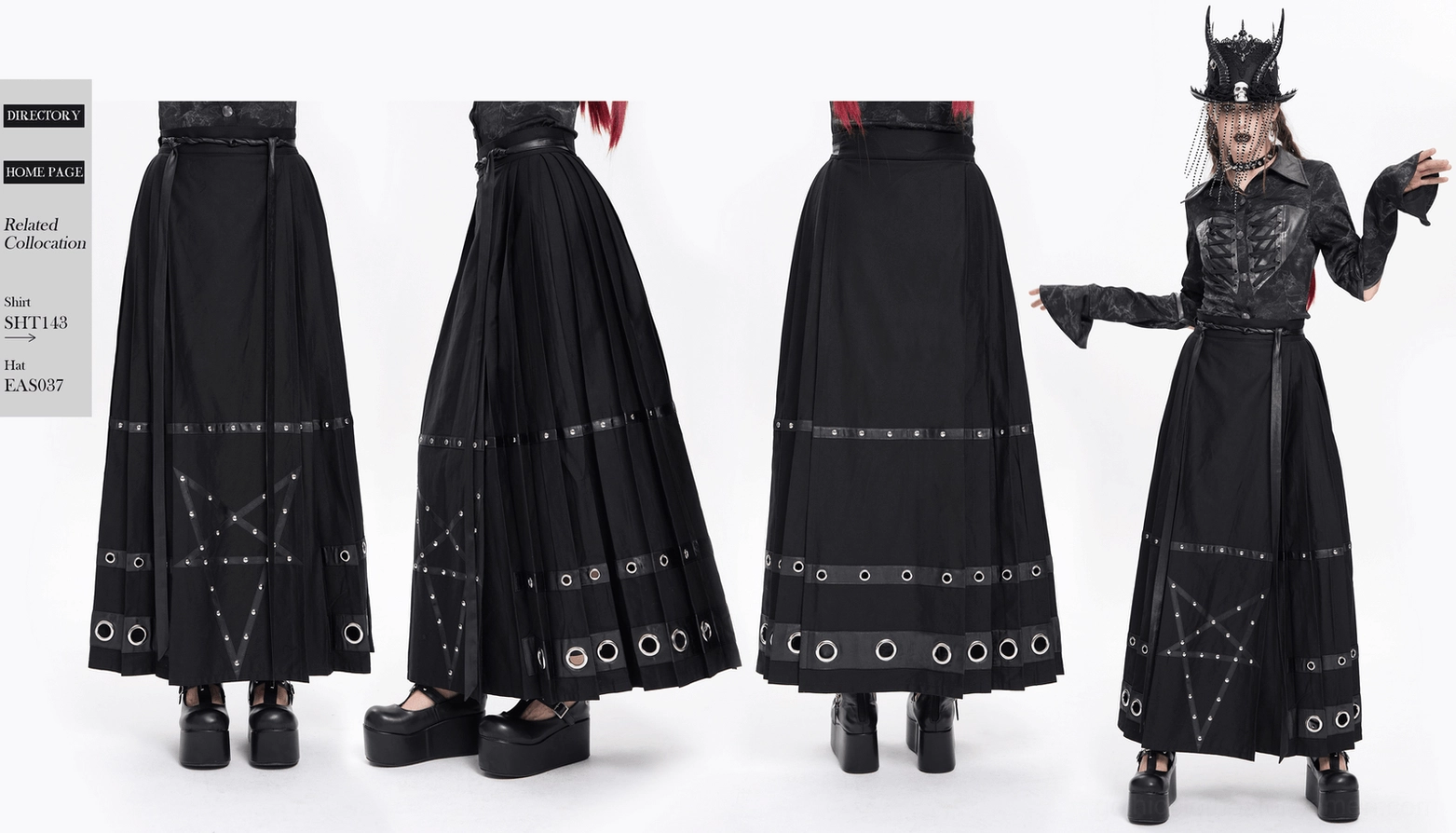 Black pentagram gothic maxi skirt styled look featuring occult-inspired aesthetic and alternative fashion elements