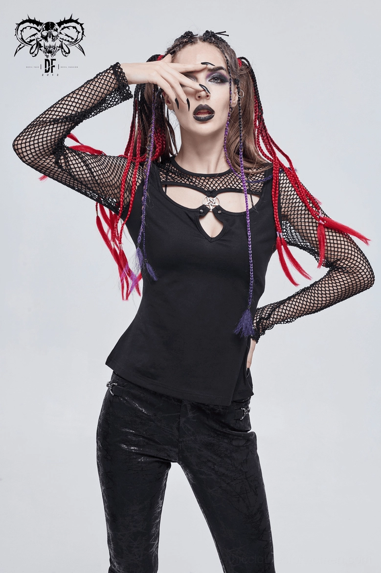 Black knit fabric close-up showing stretchy cotton blend material of gothic pentagram mesh top