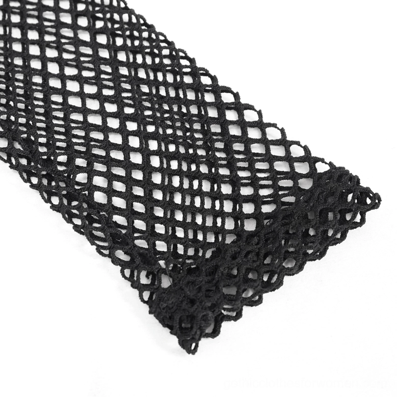 Fishnet mesh fabric close-up showing black nylon grid weave texture of long sleeve gothic top
