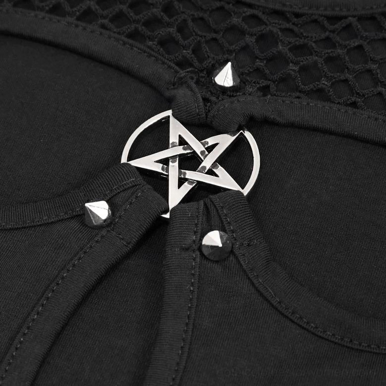 Metal pentagram stud decoration close-up detail on black gothic mesh top front cutout
