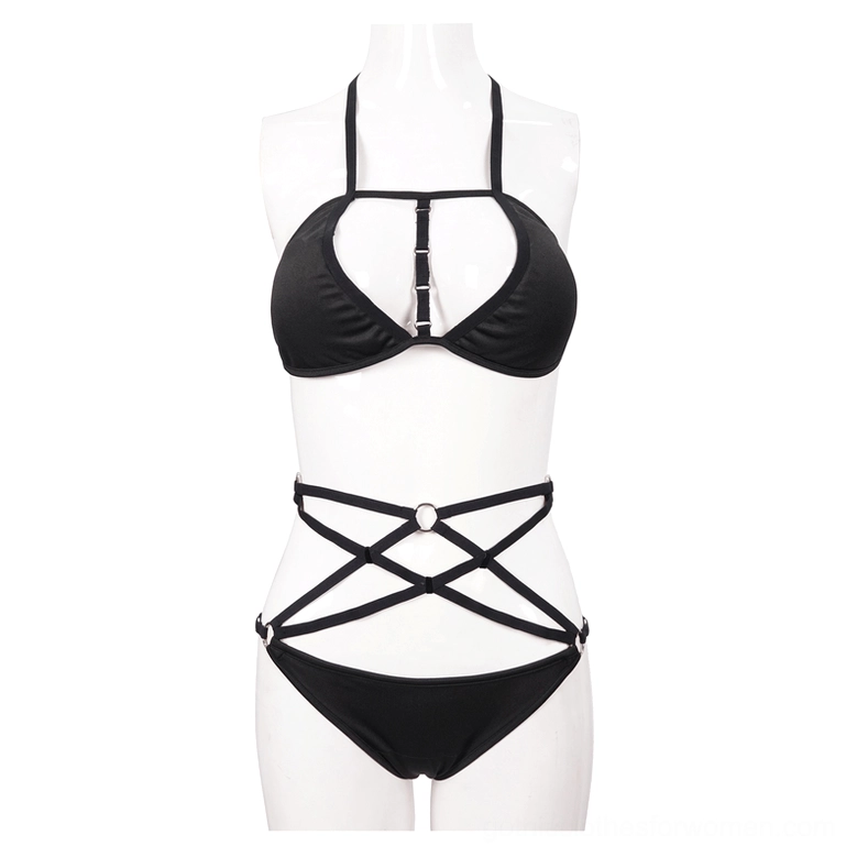 Gothic pentagram bikini set on mannequin full front view, showing adjustable halter straps and metal hardware