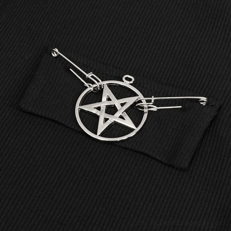 Black pentagram zip crop hooded top alternative styling view highlighting gothic fashion versatility and occult aesthetic