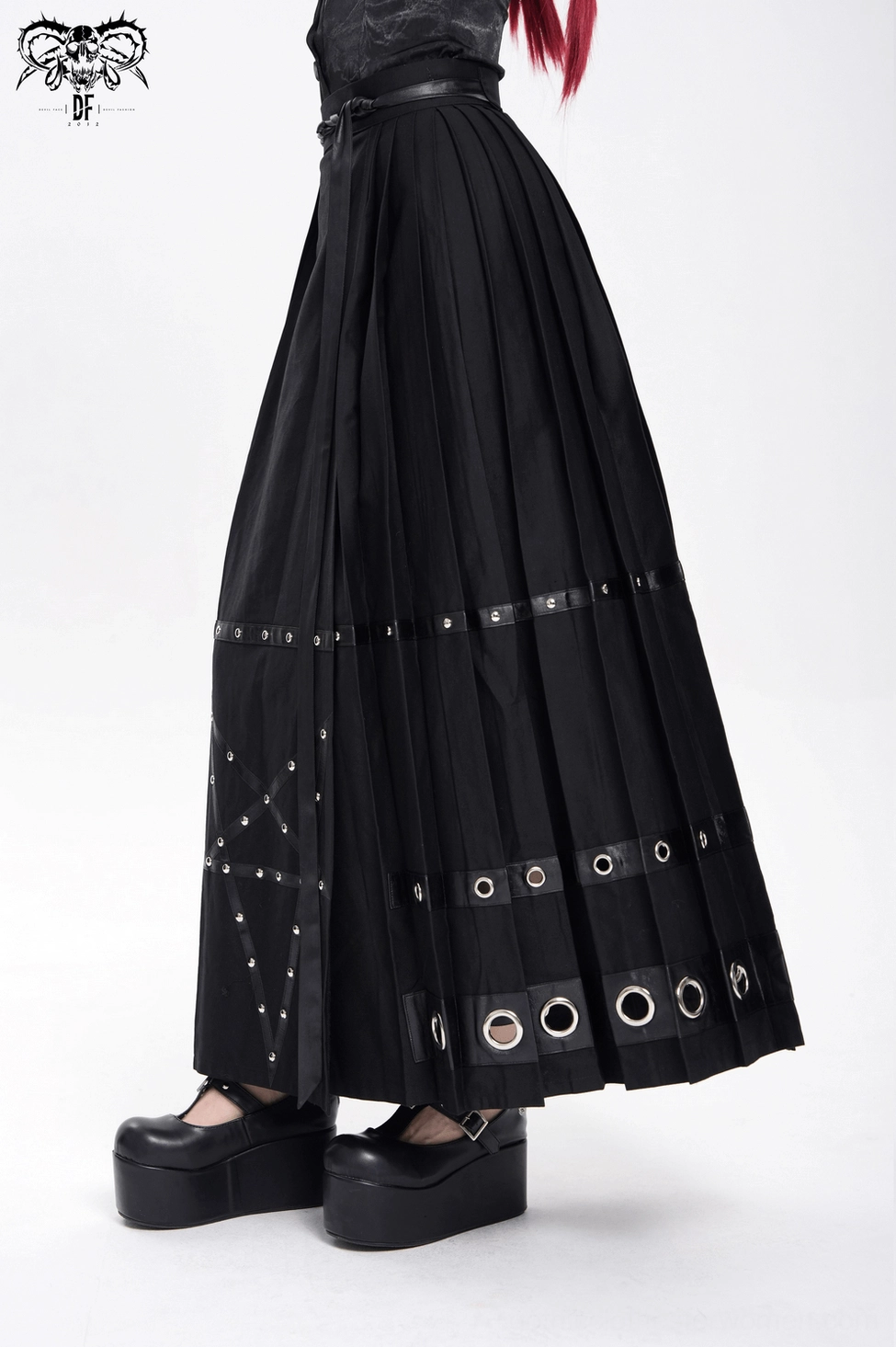 Black pentagram maxi skirt alternative fashion styling, gothic aesthetic with dramatic floor-length silhouette