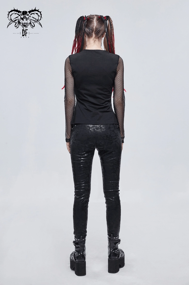 Black pentagram mesh long sleeve gothic top worn with alternative jewelry and gothic accessories styling