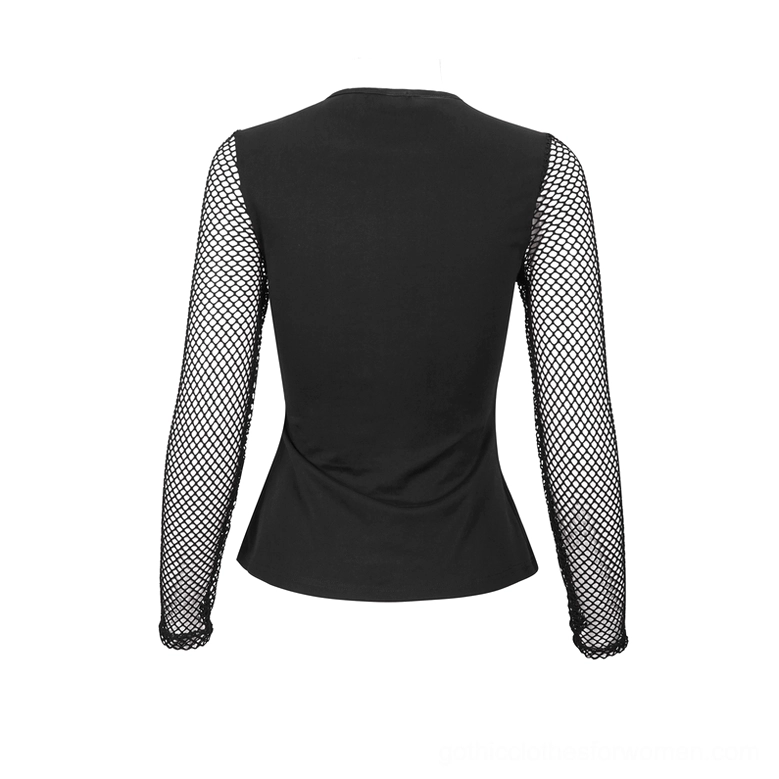 Black pentagram mesh long sleeve gothic top back flat lay display showing solid black fabric and fitted silhouette