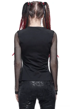 Black pentagram mesh long sleeve gothic top back view showing solid black panel and extended fishnet sleeves