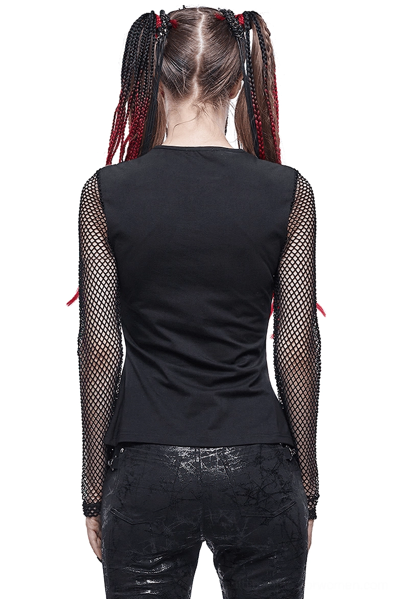 Black pentagram mesh long sleeve gothic top back view showing solid black panel and extended fishnet sleeves