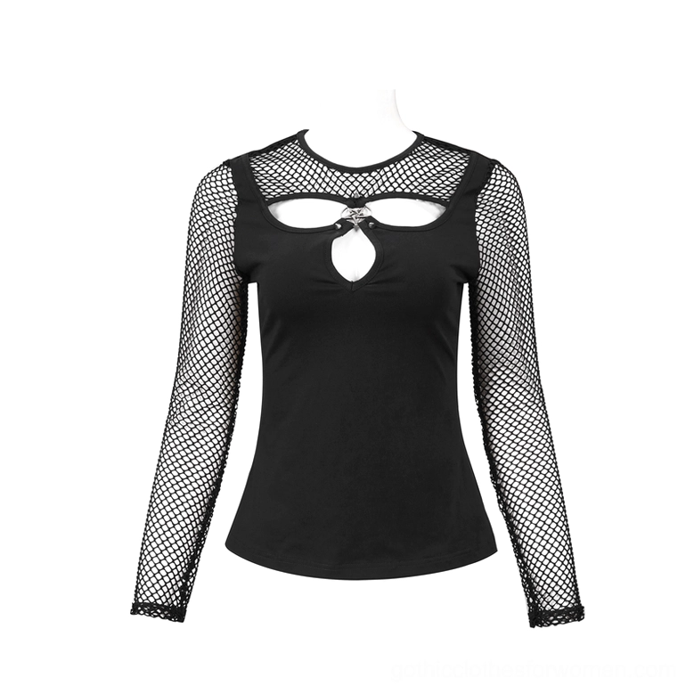 Black pentagram mesh long sleeve gothic top flat lay front display with metal pentagram cutout detail