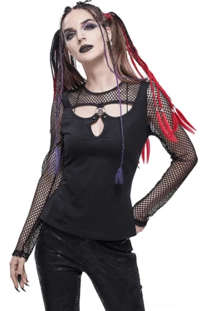 Black pentagram mesh long sleeve gothic top front three-quarter view on model with fishnet sleeves and metal stud decoration