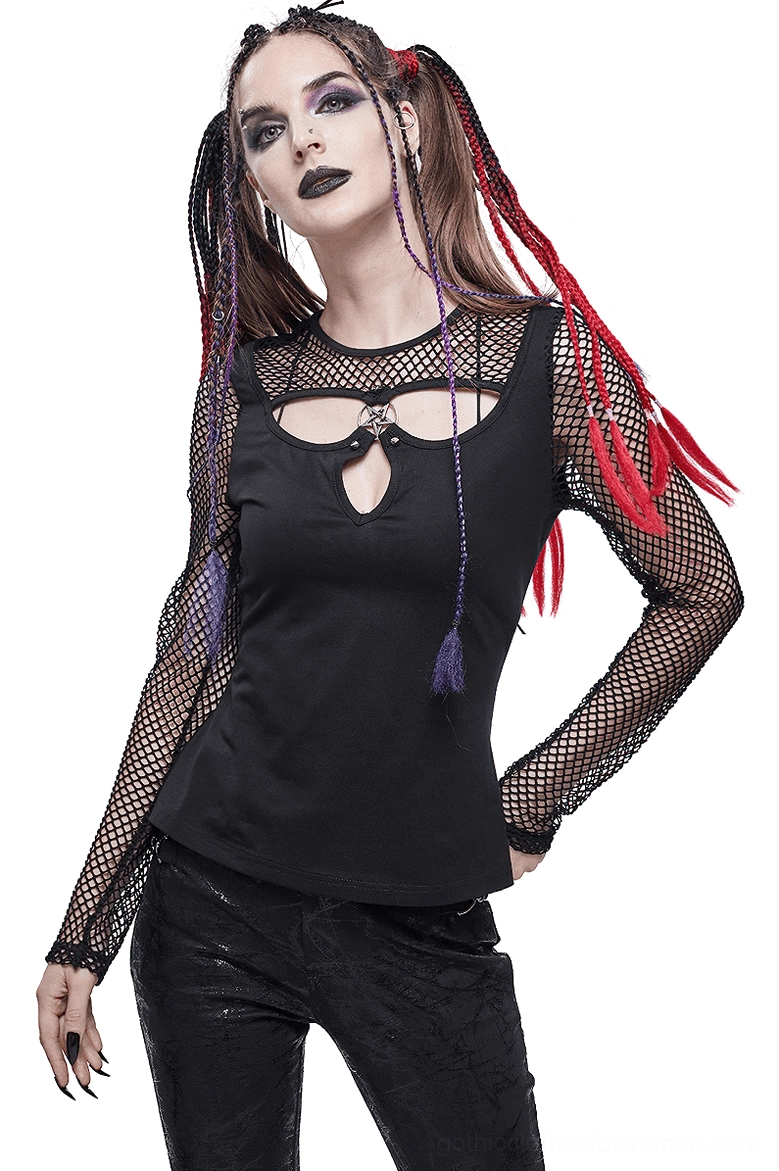 Black pentagram mesh long sleeve gothic top front three-quarter view on model with fishnet sleeves and metal stud decoration