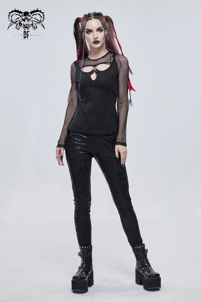 Black pentagram mesh long sleeve gothic top neckline and shoulder detail close-up
