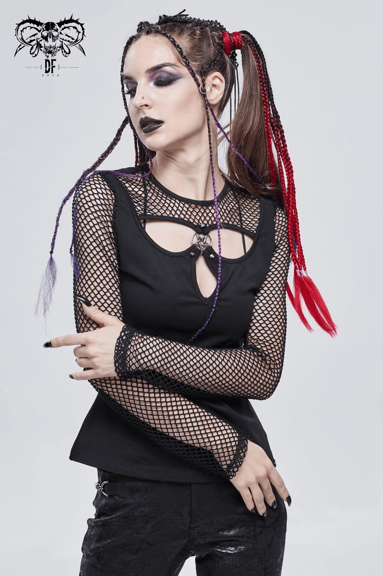 Black pentagram mesh long sleeve gothic top worn with dark jeans and platform boots gothic fashion