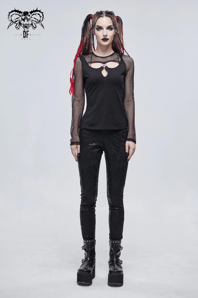 Black pentagram mesh long sleeve gothic top side profile view showing pentagram cutout and mesh detail