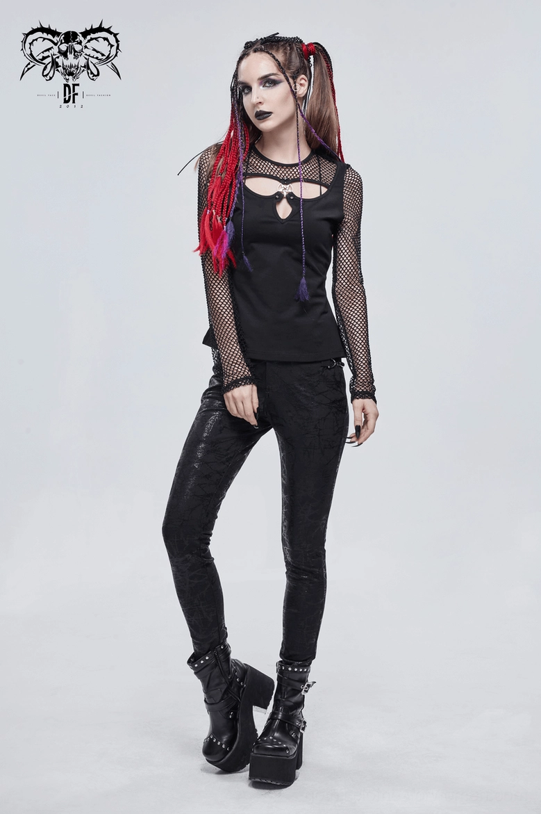 Black pentagram mesh long sleeve gothic top hem and sleeve cuff detail showing construction quality