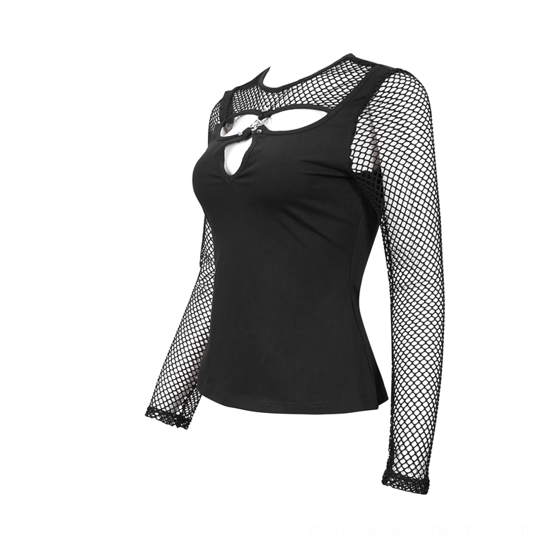 Black pentagram mesh long sleeve gothic top three-quarter front view showing slim fit and mesh sleeve construction