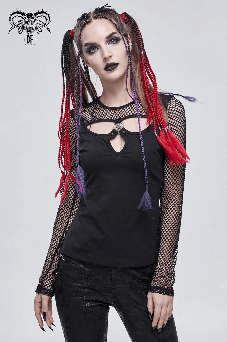 Black pentagram mesh long sleeve gothic top worn with alternative styling and gothic accessories