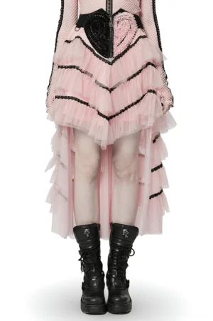 Black and pink tiered mesh heart skirt with high-low hem worn with platform combat boots, front full-body view showing skeletal zipper detail and romantic goth aesthetic