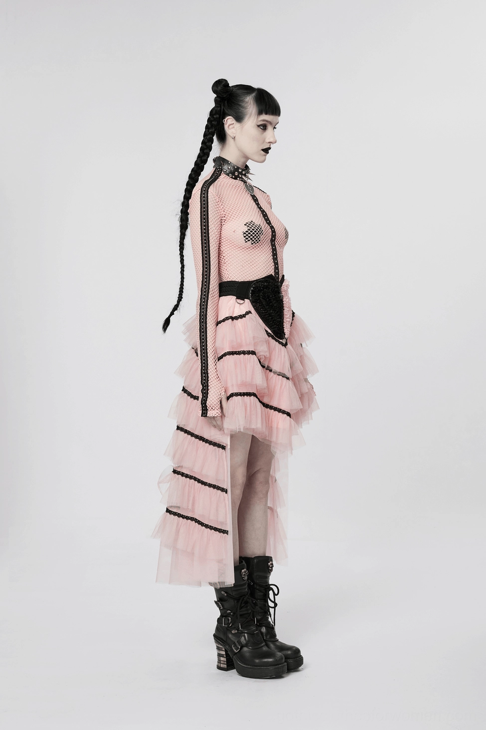Black and pink tiered mesh heart gothic skirt with sheer tulle and flocked heart appliqué showing complete product design and craftsmanship