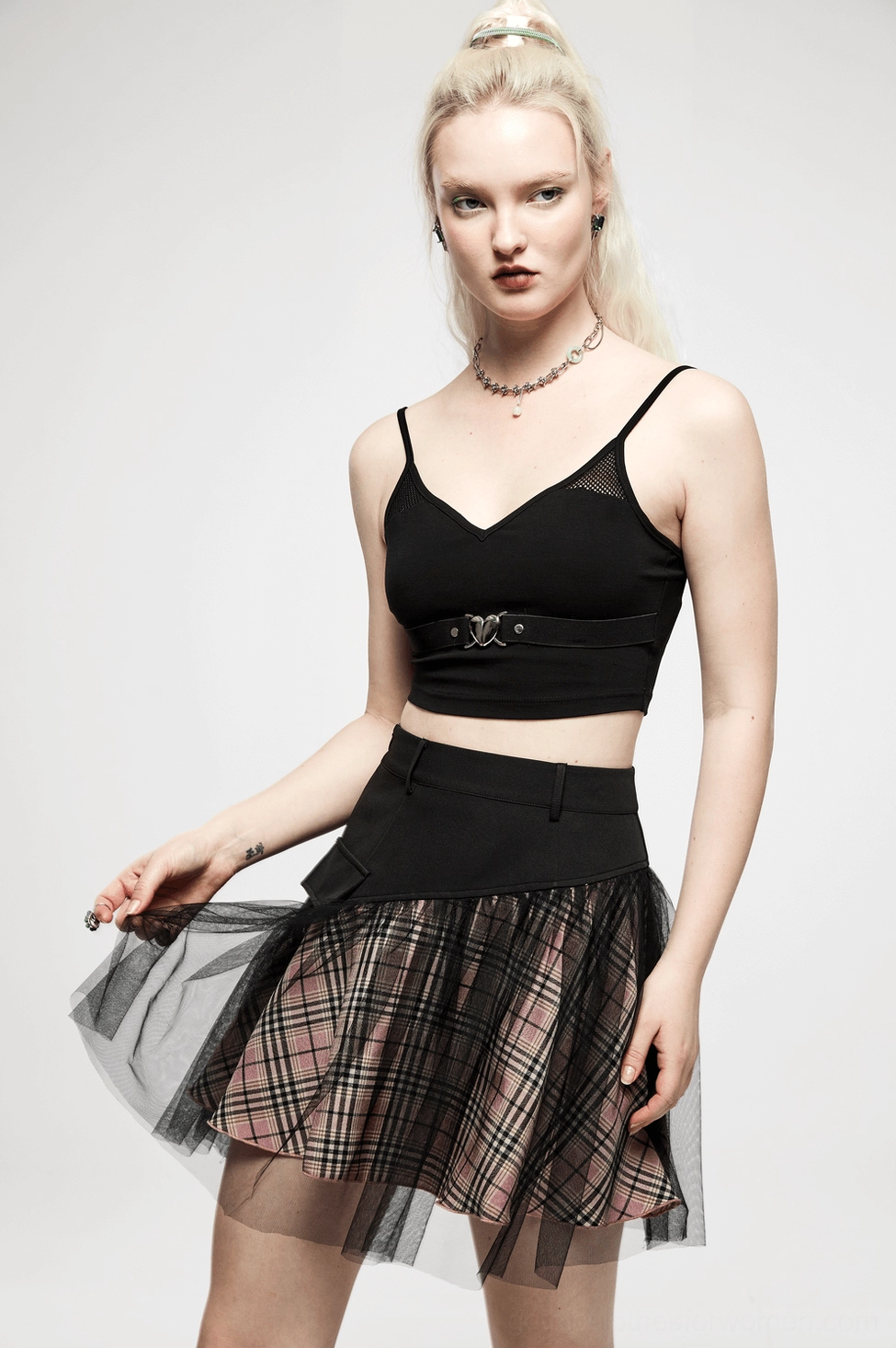 Black pink tartan plaid gothic mini skirt with mesh overlay and asymmetrical waist panel front view