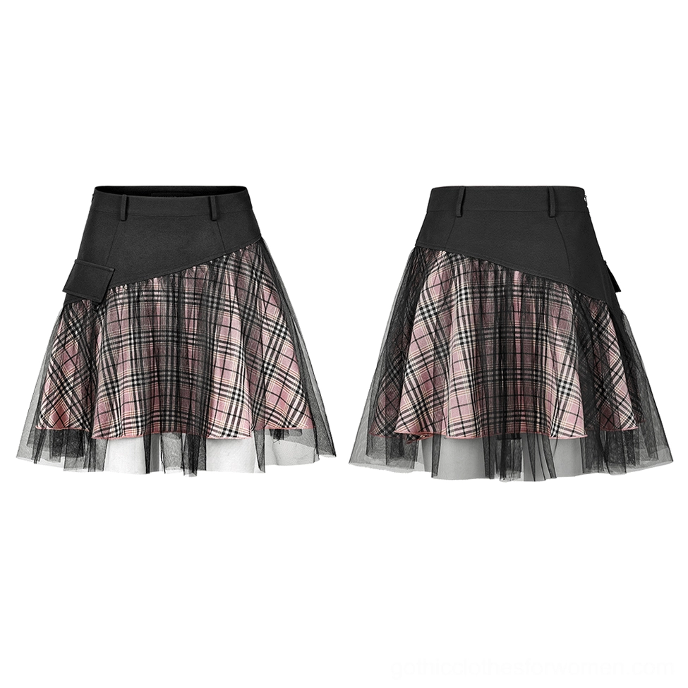 Two flat-lay black pink plaid gothic mini skirts showing asymmetrical waist panel and mesh tulle overlay design