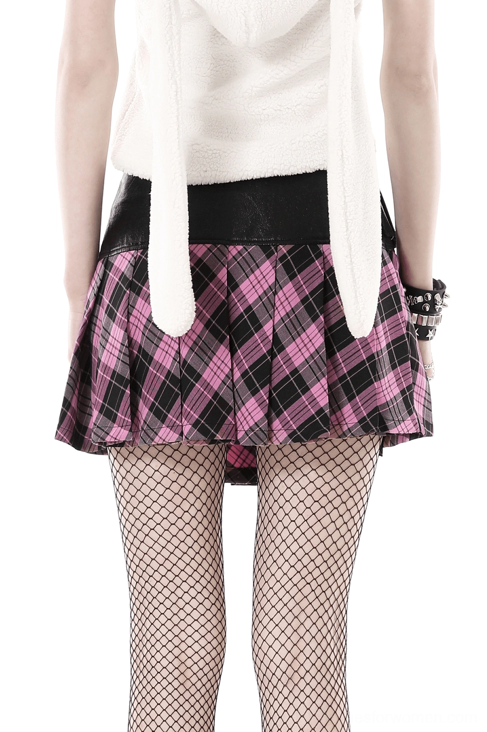 Black-pink plaid gothic mini skirt studio front view with plain fishnet hosiery