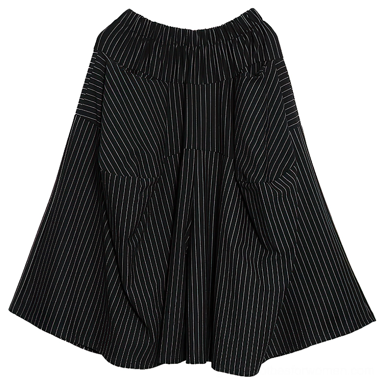 Flat lay front view of black pinstripe wide-leg gothic skirt on white background, displaying pinstripe pattern detail and pocket placement