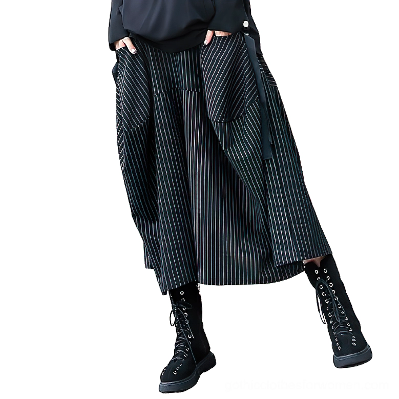 Black pinstripe wide leg gothic skirt with oversized side pockets, shown on model wearing dark alternative fashion clothing