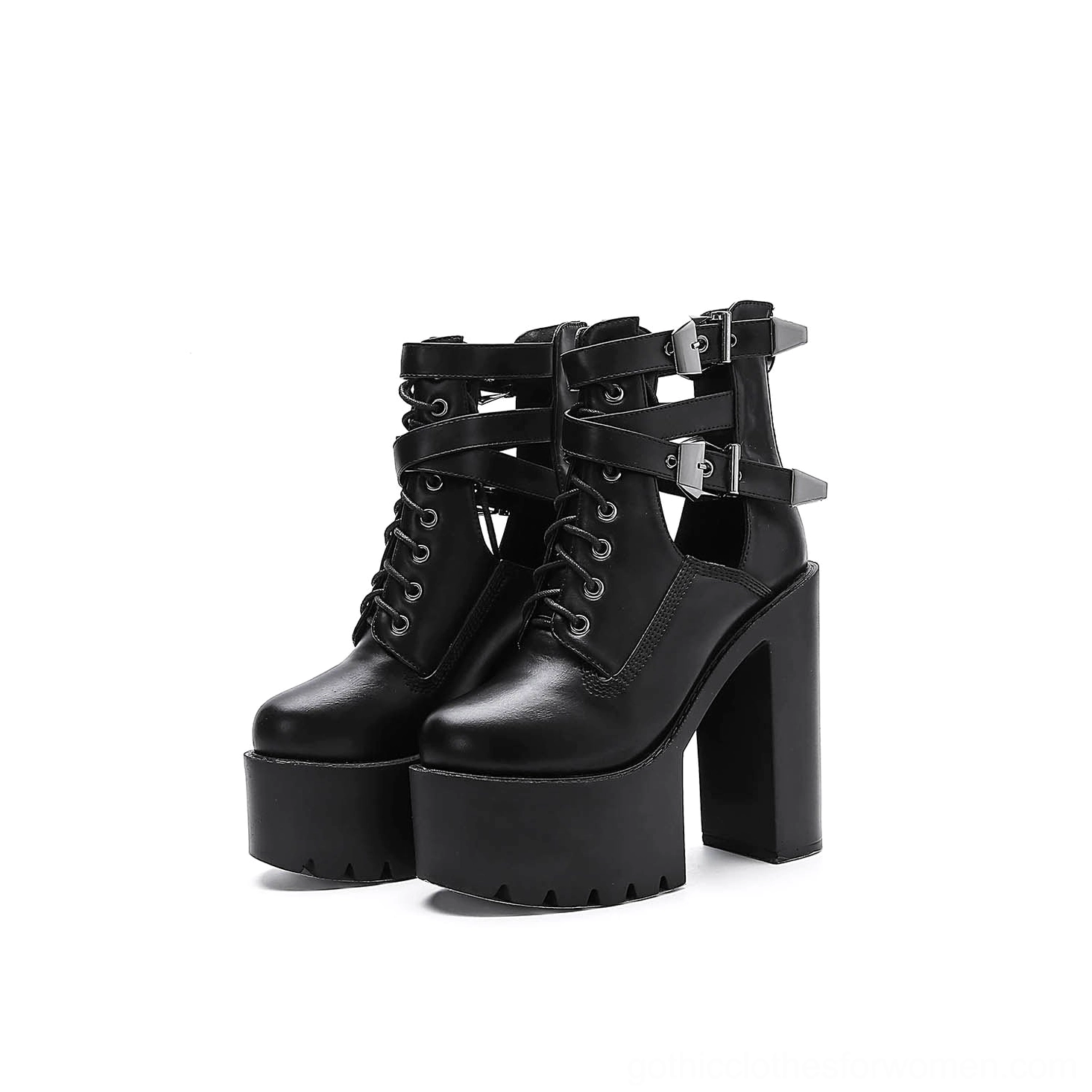 Black gothic platform boots rear three-quarter view highlighting back zipper closure, metal buckle strap details, and commanding block heel design