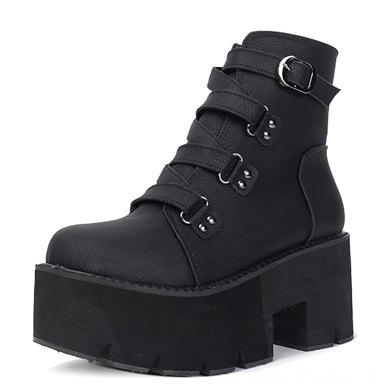 Single black platform ankle boot showing side profile with 8cm block heel and 5cm platform, buckle details visible