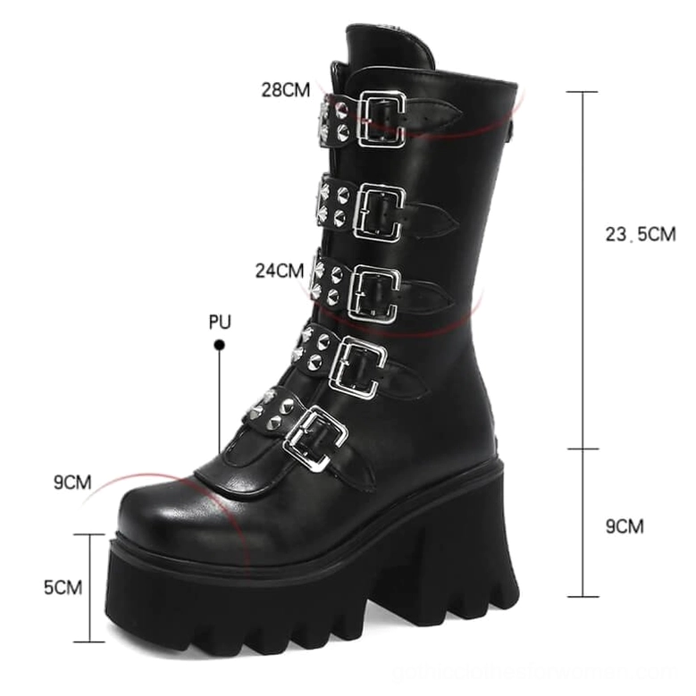 Black platform mid-calf combat boots with size specifications PU leather and buckle strap details