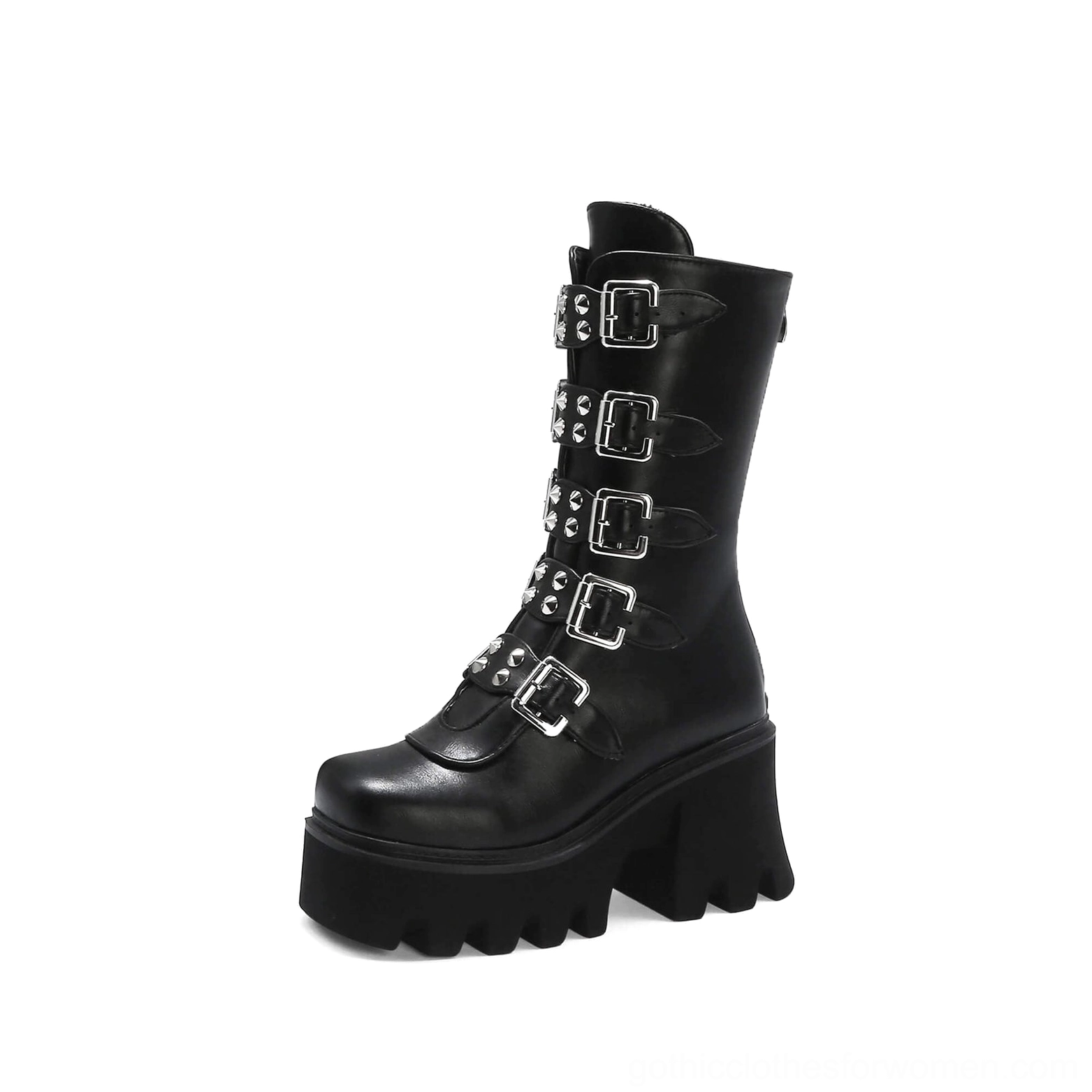 Black platform mid-calf combat boots smooth PU leather multiple silver buckles side profile