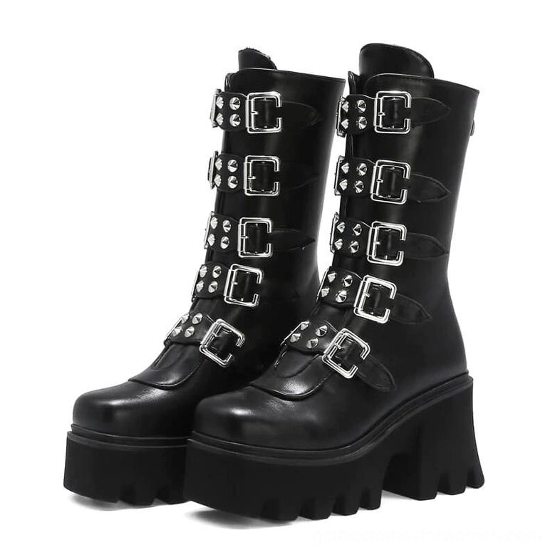 Black platform mid-calf combat boots with silver buckles and studded accents frontal view