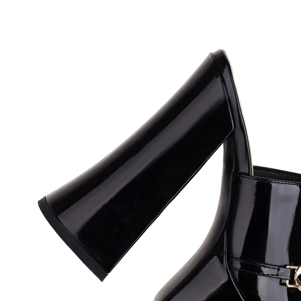Rear side view of black patent leather platform heel showing wide chunky square block heel and glossy upper
