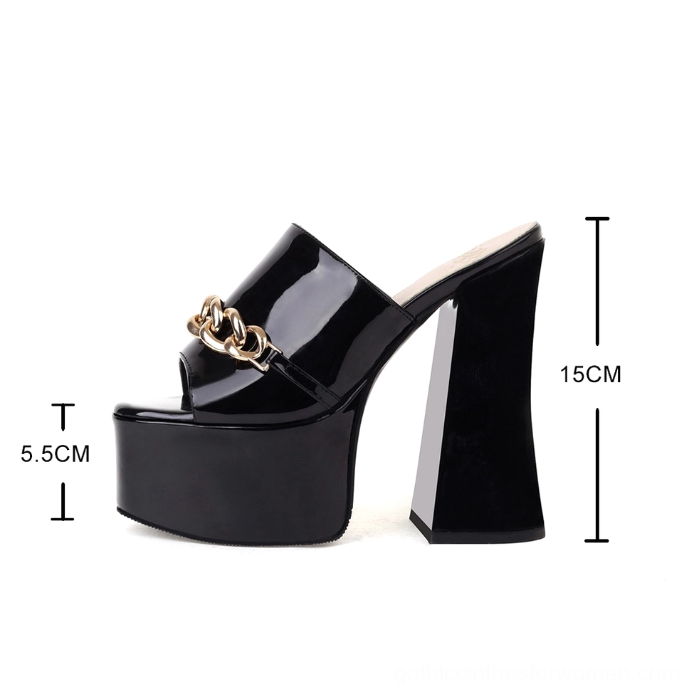 Black patent leather peep-toe platform heel with 15cm heel height and gold chain strap, side profile with measurements