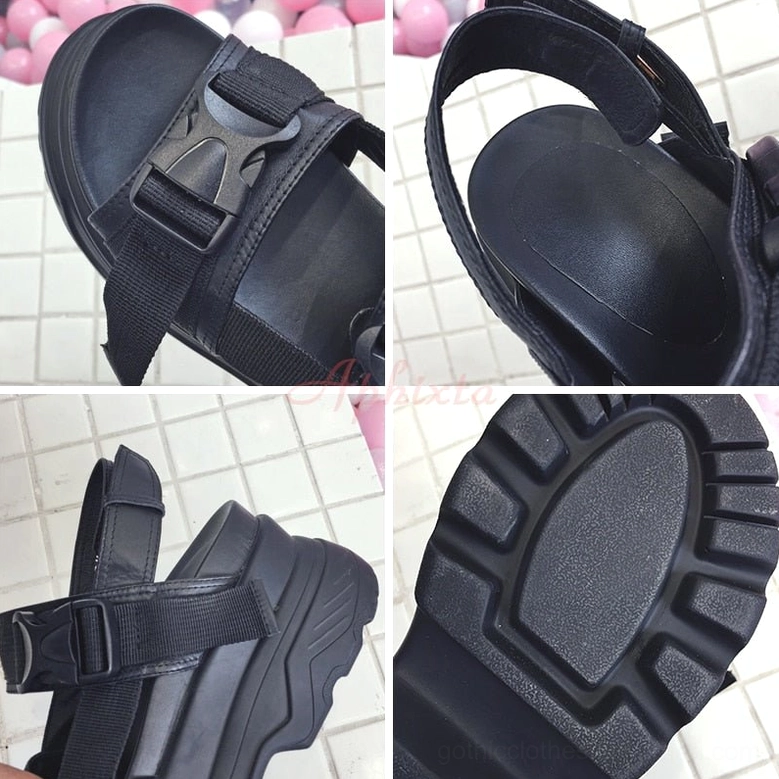 Black gothic platform sandal multi-angle detail collage showing buckle straps and padded insole