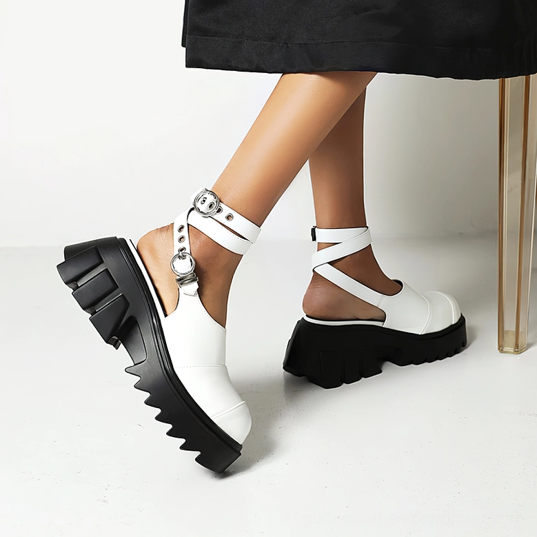 Black gothic platform sandals with adjustable metal buckles - alternative fashion footwear styling