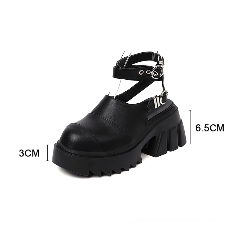Black gothic sandals with metal buckle hardware and industrial platform sole - front view