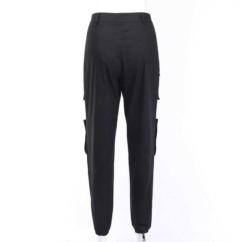 Women's gothic cargo pants - rear view showing solid back panel and ankle zipper details