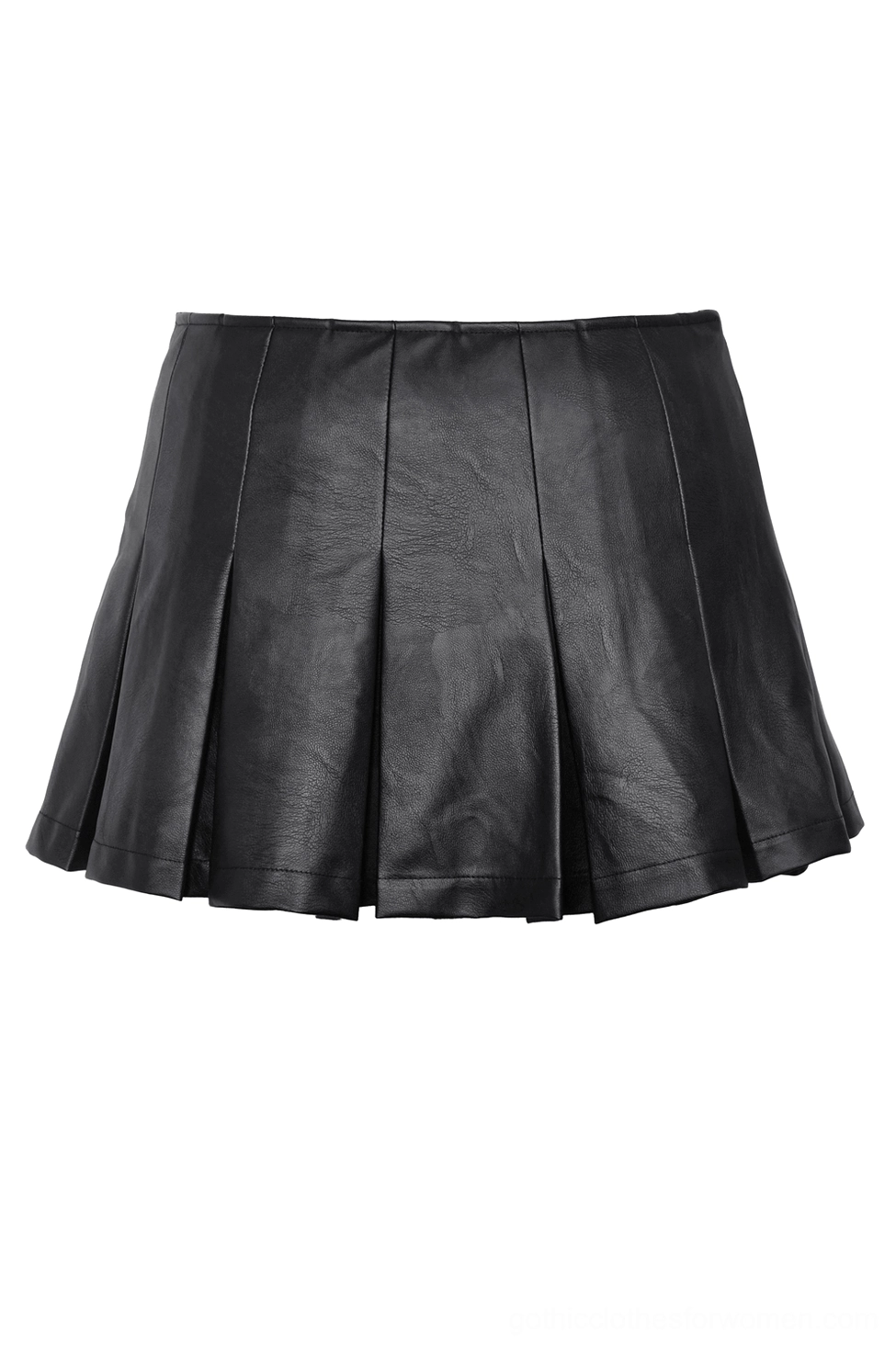 Black pleated faux leather gothic mini skirt flat lay showcasing clean pleated structure without belt accessories