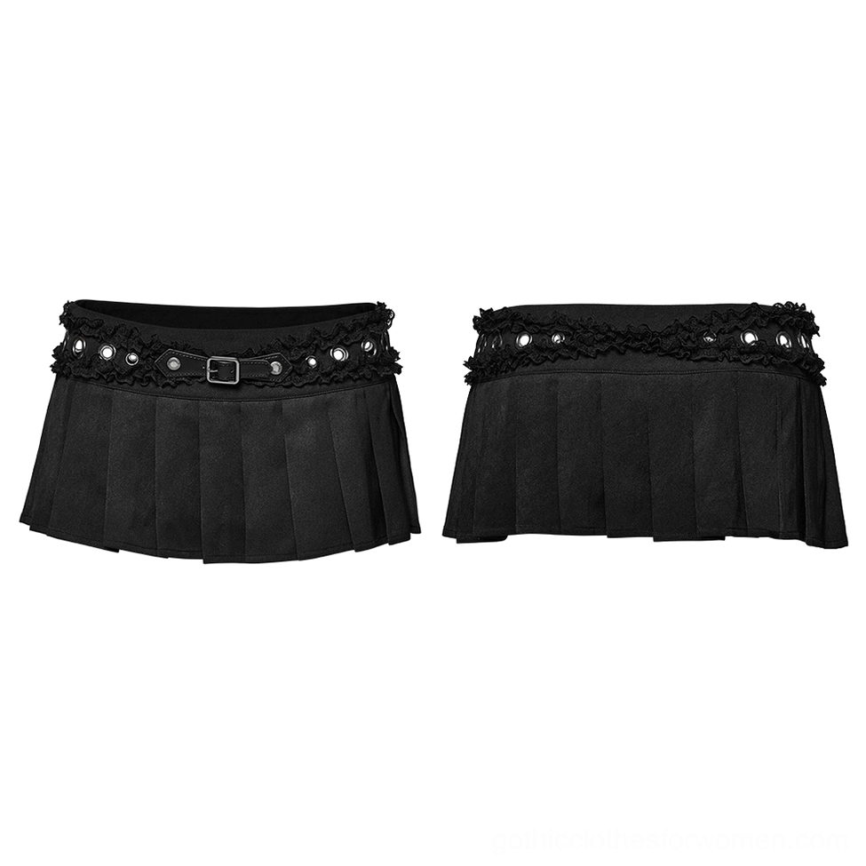 Two black gothic pleated mini skirts side-by-side flat lay comparison showing consistent construction and lace-trimmed waistband design